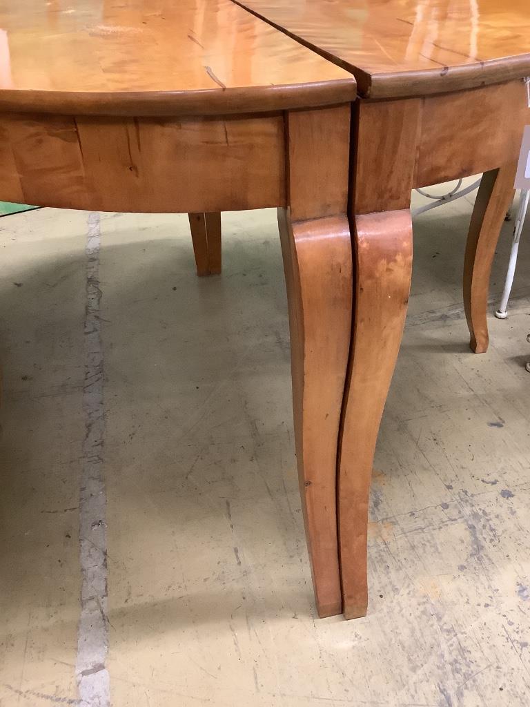 A pair of Biedermeier style satinbirch demi lune console tables, width 118cm depth 58cm height 80cm